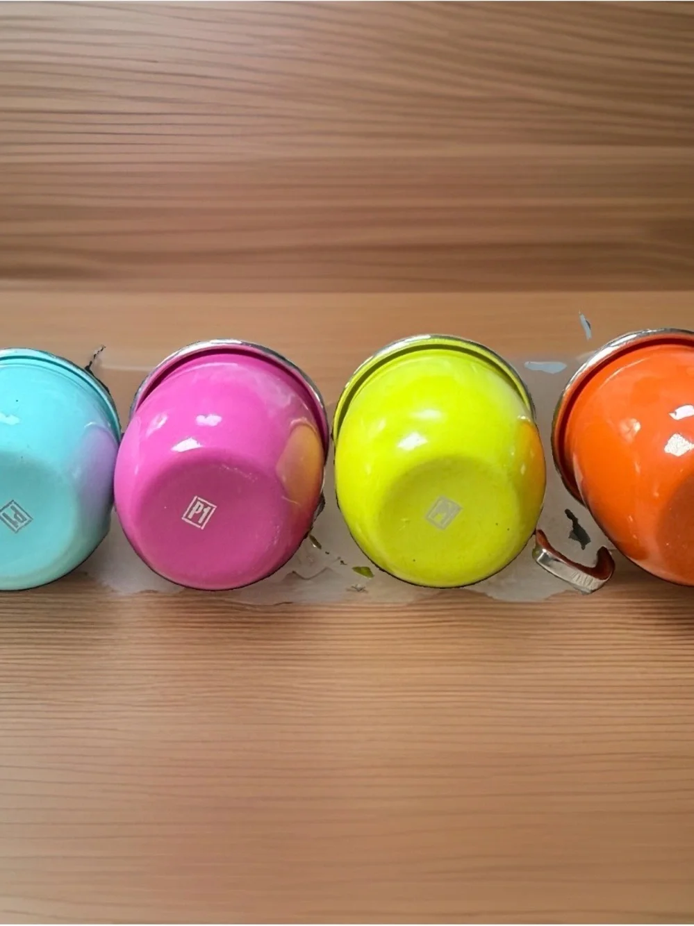 Vintage Pier 1 Bright Enamel Espresso Cups Set - Yellow, Orange, Pink, Aqua